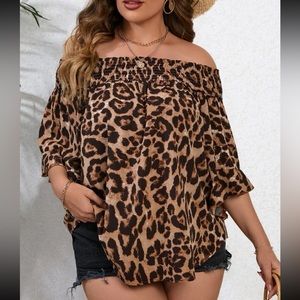 Plus size leopard print off shoulder blouse